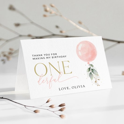 ピンクの風船、ユーカリ、グリーン、ファーストバースデー サンキューカード