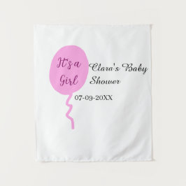 ピンクの風船 女の子のベビーシャワー  名前と日付を追加 タペストリー