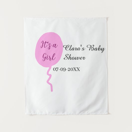ピンクの風船 女の子のベビーシャワー 名前と日付 タペストリー (正面)