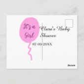 ピンクの風船 女の子のベビーシャワー 名前 日付を追加 ポストカード (裏面)
