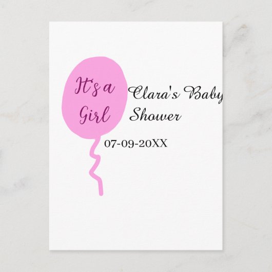 ピンクの風船 女の子のベビーシャワー 名前 日付を追加 ポストカード (正面)