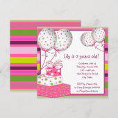 ピンクの風船 女の子 ピンクとグリーンの誕生日パーティー 招待状 (正面/裏面)
