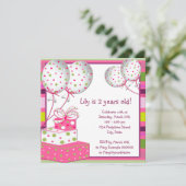 ピンクの風船 女の子 ピンクとグリーンの誕生日パーティー 招待状 (スタンド正面)