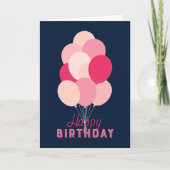 ピンクの風船 青い背景のハッピーバースデーカード カード (正面)