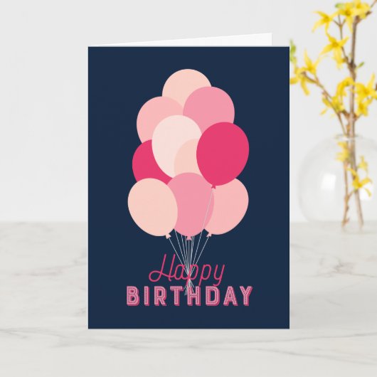 ピンクの風船 青い背景のハッピーバースデーカード カード (黄色い花)