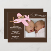 ピンクの飛行機の双子ちゃん 誕生発表 案内状 (正面/裏面)