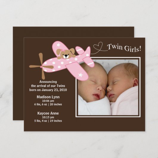 ピンクの飛行機の双生児の女の子の誕生Annoucement 案内状 (正面/裏面)