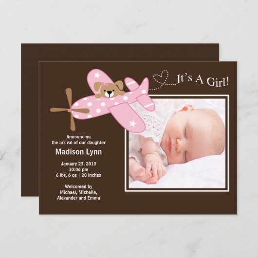 ピンクの飛行機の女の赤ちゃんの誕生Annoucement 招待状 (正面/裏面)
