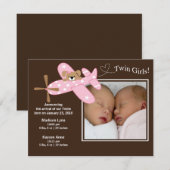 ピンクの飛行機双子の女の子の誕生のお知らせ 案内状 (正面/裏面)