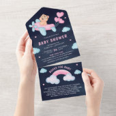 ピンクの飛行機女の子テディベア海軍ベビーシャワー オールインワン招待状 (貼ってはがせる)