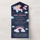 ピンクの飛行機女の子テディベア海軍ベビーシャワー オールインワン招待状 (内側)