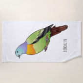 ピンクの首の緑のハトの鳥の漫画イラストレーション ビーチタオル (正面)