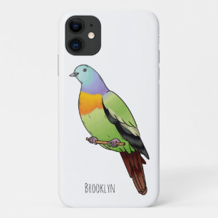 ピンクの首の緑のハトの鳥の漫画イラストレーション iPhone 11 ケース