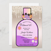 ピンクの香りボトル金ゴールドグリッター甘い16パーティー 招待状 (正面/裏面)