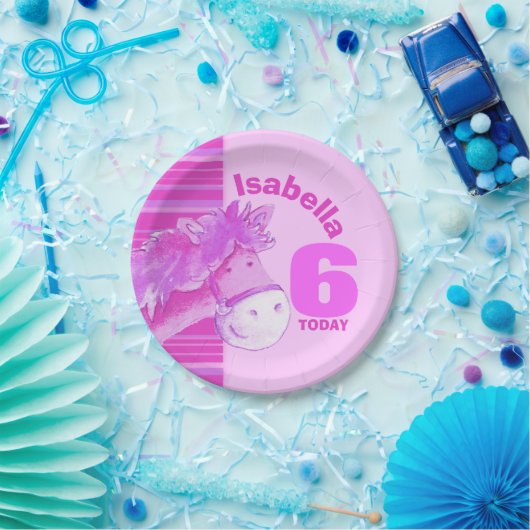 ピンクの馬の水色の誕生日パーティーカスタムプレート ペーパープレート (パーティー)