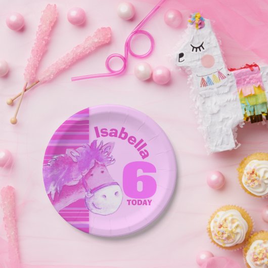 ピンクの馬の水色の誕生日パーティーカスタムプレート ペーパープレート (パーティー)