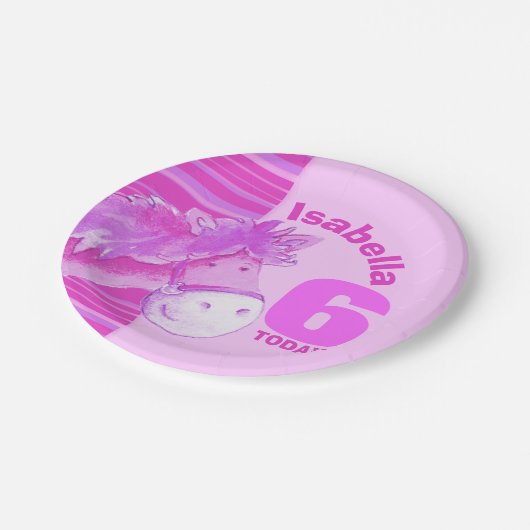 ピンクの馬の水色の誕生日パーティーカスタムプレート ペーパープレート (アングル)