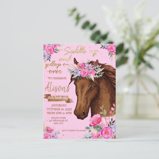 ピンクの馬の誕生日パーティーカウガール ポストカード (スタンド正面)