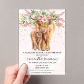 ピンクの高地の牛のフローラ赤ちゃんシャワー アクリル招待状 (インサイチュ (ポータブル))