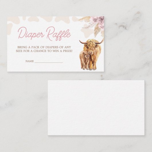 ピンクの高地の牛の赤ちゃんシャワーおむつラッフル エンクロージャーカード (正面/裏面)