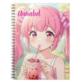 ピンクの髪でバブルティーを飲むアニメの女の子をパーソナライズ ノートブック