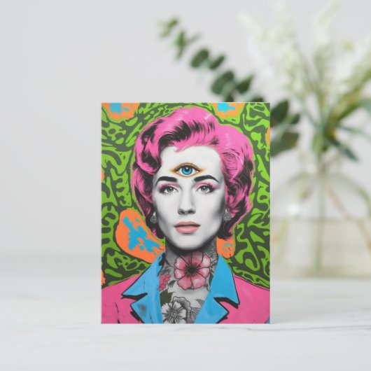 ピンクの髪と三番目の目の女性 ポストカード (スタンド正面)