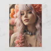 ピンクの髪と花を持つ女の子 ポストカード (正面)