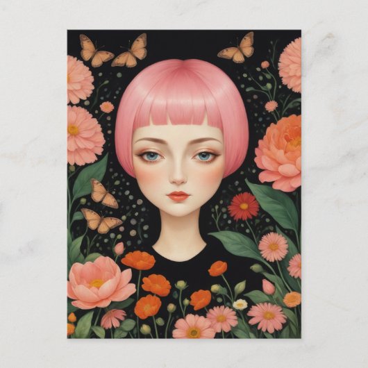 ピンクの髪と花 ポストカード (正面)