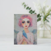 ピンクの髪と青い鳥を持つ天使の女性 ポストカード (スタンド正面)