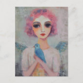 ピンクの髪と青い鳥を持つ天使の女性 ポストカード (正面)