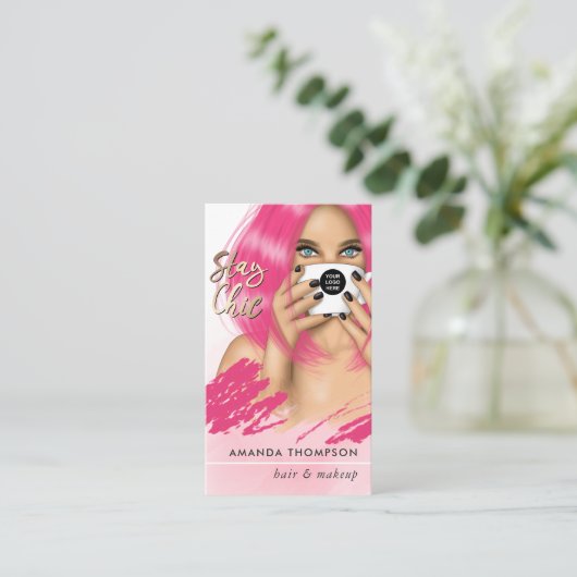 ピンクの髪のコーヒーウーマン 名刺 (スタンド正面)