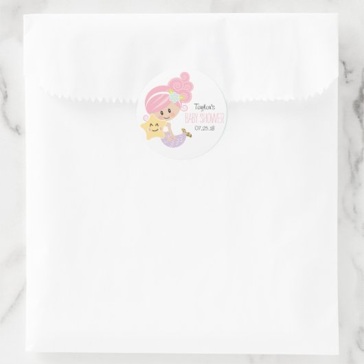 ピンクの髪の人魚の赤ちゃんシャワーのシール軽い肌 ラウンドシール (バッグ)