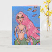 ピンクの髪の人魚&フィシーズ – グリーティングカード (黄色い花)
