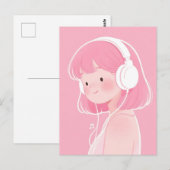 ピンクの髪の可愛い娘が音楽を聴いている ポストカード (正面/裏面)
