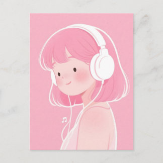 ピンクの髪の可愛い娘が音楽を聴いている ポストカード