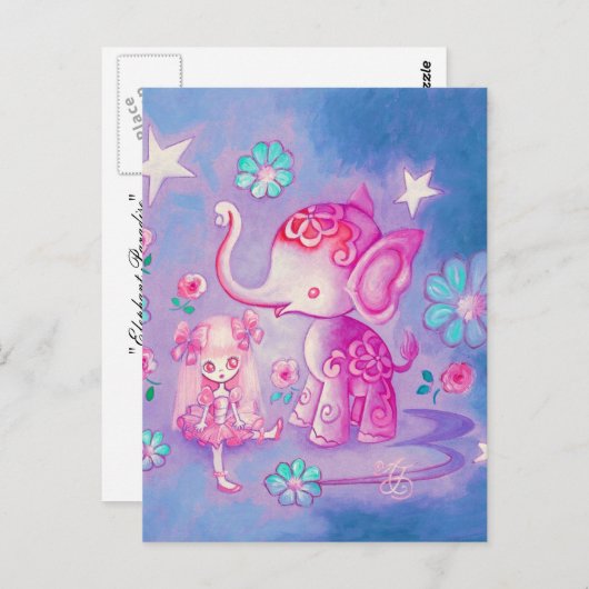 ピンクの髪の女の子と可愛い象 ポストカード (正面/裏面)