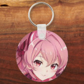 ピンクの髪の女の子ピンクの目の笑顔のアニメマンガ キーホルダー (正面)