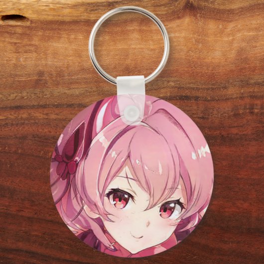 ピンクの髪の女の子ピンクの目の笑顔のアニメマンガ キーホルダー (正面)