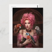 ピンクの髪の女性と鳥のはがき ポストカード (正面/裏面)