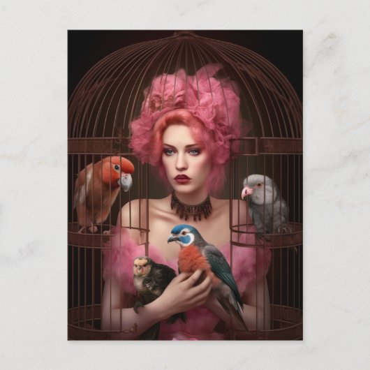 ピンクの髪の女性と鳥のはがき ポストカード (正面)