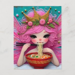 ピンクの髪の妖精がラーメンを食べている ポストカード