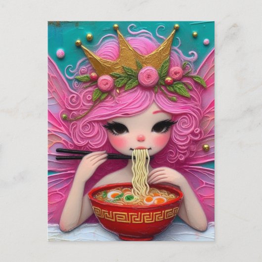 ピンクの髪の妖精がラーメンを食べている ポストカード (正面)
