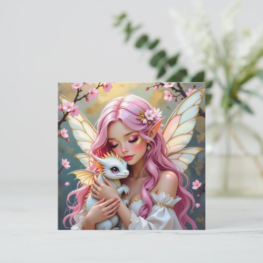 ピンクの髪の妖精と白い赤ちゃんドラゴンのブランク カード (スタンド正面)
