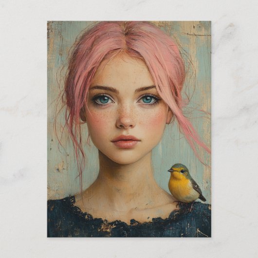 ピンクの髪の少女と肩の上の鳥 ポストカード (正面)
