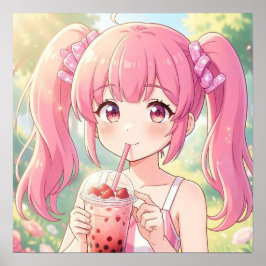 ピンクの髪飾りが可愛いアニメの少女がタピオカを飲む ポスター