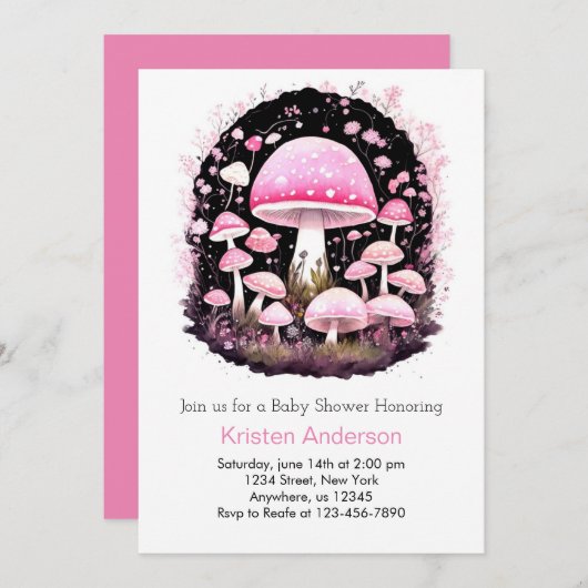 ピンクの魅惑された森のキノコの女の子の赤ちゃんシャワー 招待状 (正面/裏面)