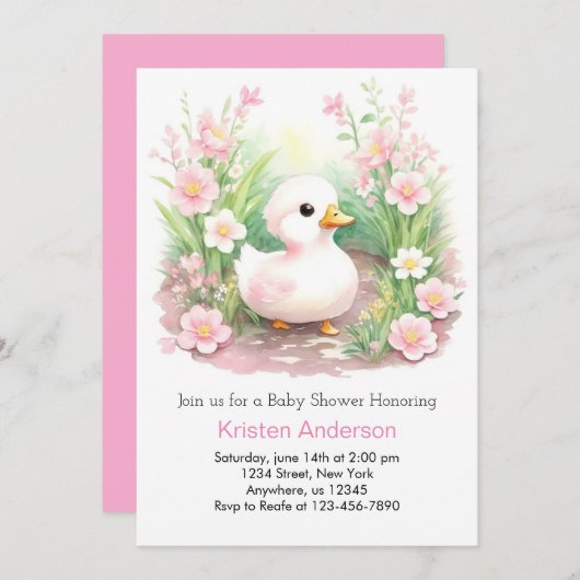 ピンクの魅惑の野生の花アヒル女の子の赤ちゃんシャワー 招待状 (正面/裏面)