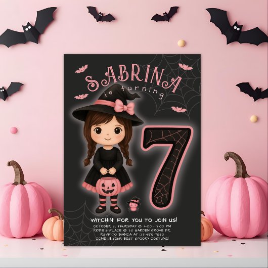 ピンクの魔女のハロウィン誕生日招待状 招待状