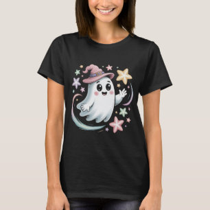 ピンクの魔女の帽子にカラフル星を付けたかわいい幽霊 Tシャツ
