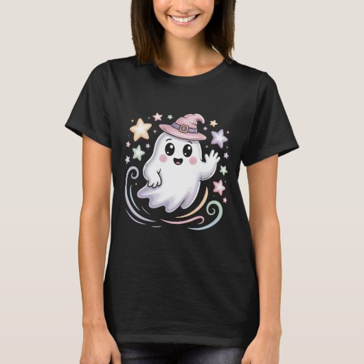 ピンクの魔女の帽子にカラフル星を付けたかわいい幽霊 Tシャツ (正面)
